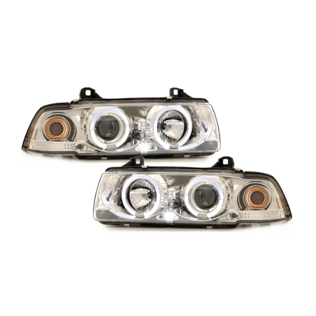 Phares BMW E36 Berline  7.92-3.98  avec anneaux lumineux angel eyes  Chrome