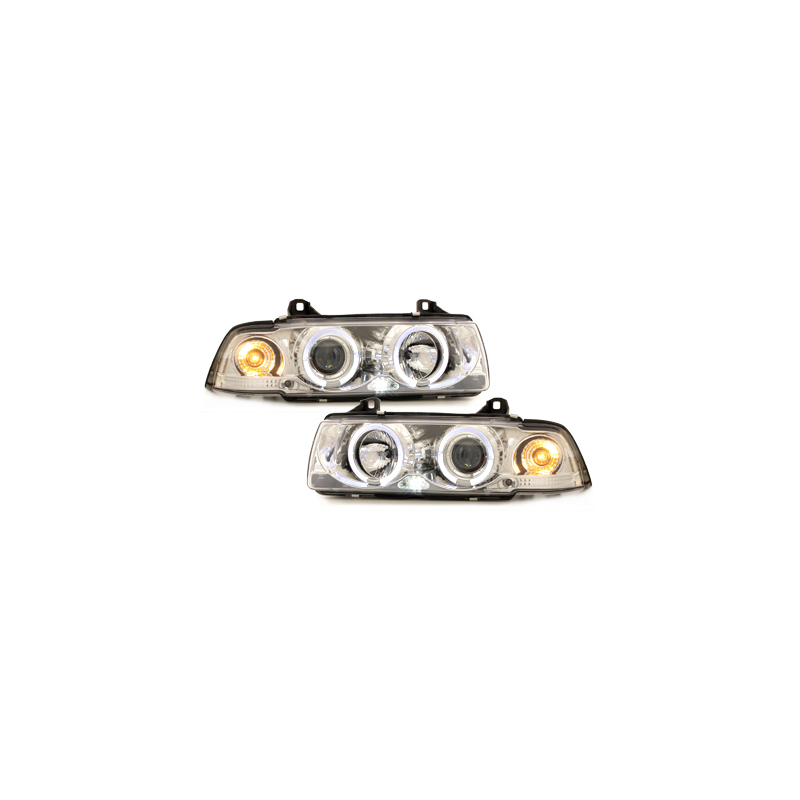 Phares BMW E36 Berline  7.92-3.98  avec anneaux lumineux angel eyes  Chrome