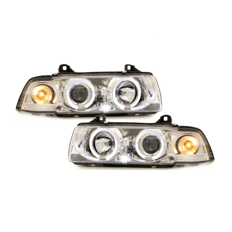 Phares BMW E36 Berline  7.92-3.98  avec anneaux lumineux angel eyes  Chrome