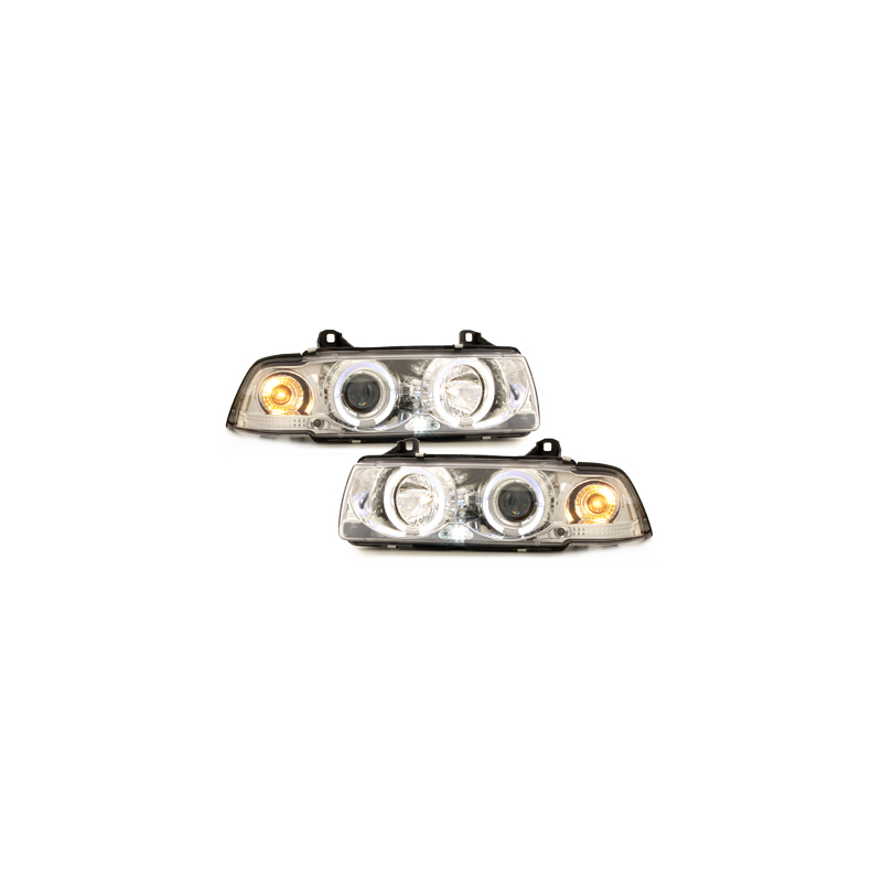 Phares BMW E36 Berline  7.92-3.98  avec anneaux lumineux angel eyes  Chrome