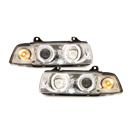 Phares BMW E36 Berline  7.92-3.98  avec anneaux lumineux angel eyes  Chrome