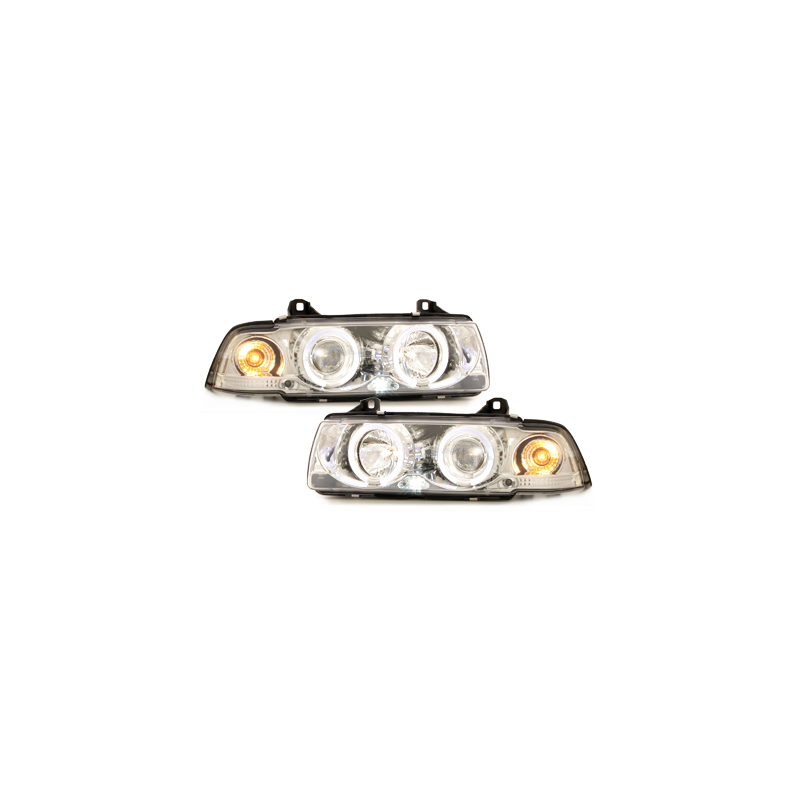 Phares BMW E36 Berline  7.92-3.98  avec anneaux lumineux angel eyes  Chrome