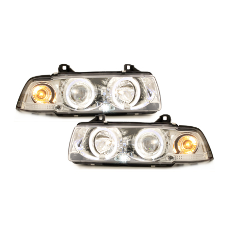 Phares BMW E36 Berline  7.92-3.98  avec anneaux lumineux angel eyes  Chrome