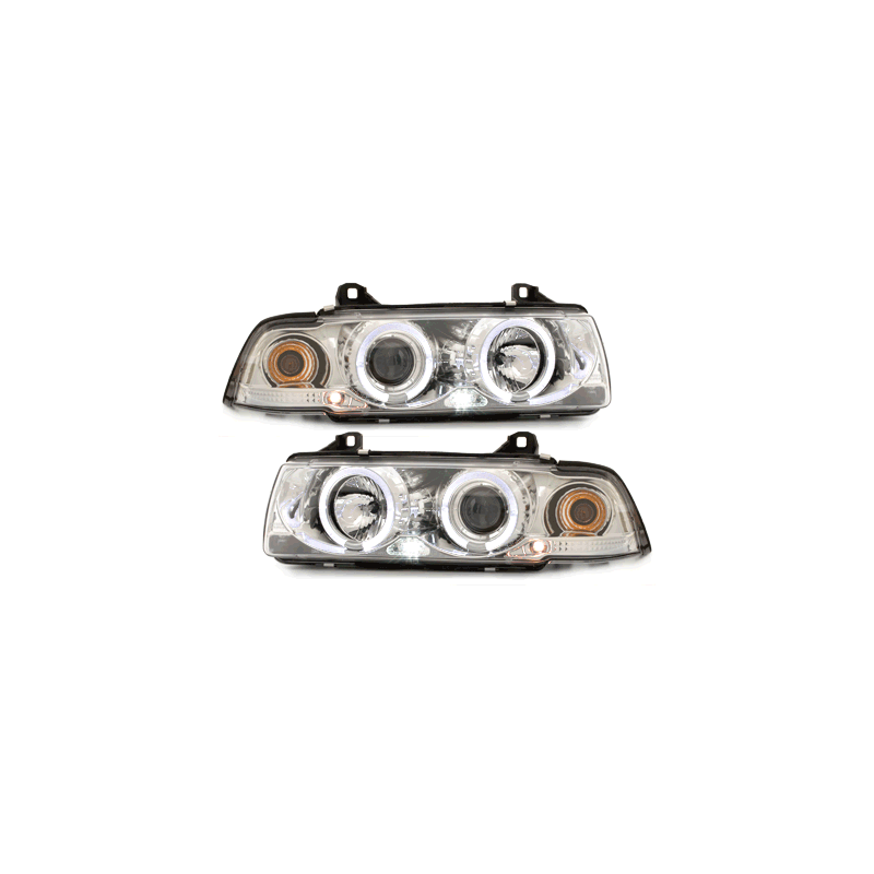 Phares BMW E36 Berline  7.92-3.98  avec anneaux lumineux angel eyes  Chrome