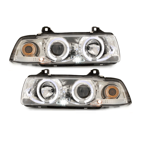 Phares BMW E36 Berline  7.92-3.98  avec anneaux lumineux angel eyes  Chrome