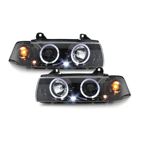 Phares BMW E36 Berline  7.92-3.98  avec anneaux lumineux angel eyes  Noirchrome