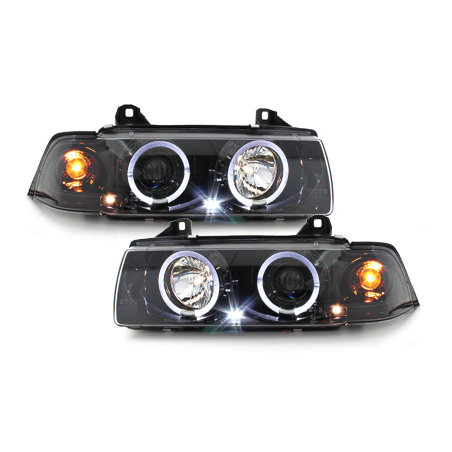 Phares BMW E36 Berline  7.92-3.98  avec anneaux lumineux angel eyes  Noirchrome