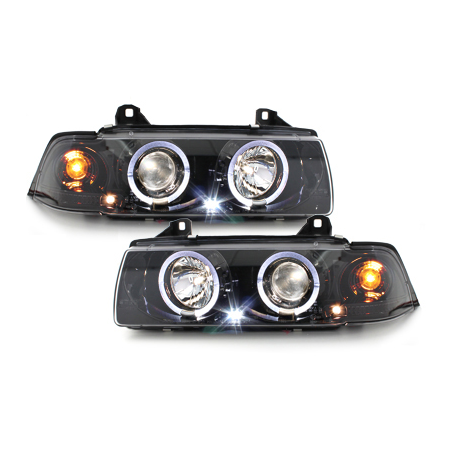 Phares BMW E36 Berline  7.92-3.98  avec anneaux lumineux angel eyes  Noirchrome