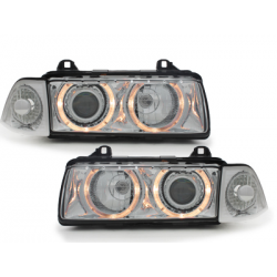 Phares BMW E36 Berline  92-98  avec 2 Anneaux lumineux Angel Eyes  Chrome
