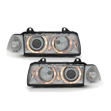 Phares BMW E36 Berline  92-98  avec 2 Anneaux lumineux Angel Eyes  Chrome