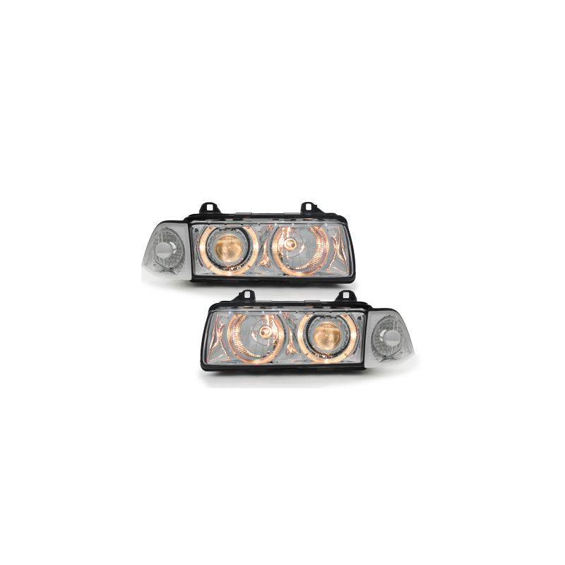 Phares BMW E36 Berline  92-98  avec 2 Anneaux lumineux Angel Eyes  Chrome