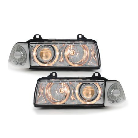 Phares BMW E36 Berline  92-98  avec 2 Anneaux lumineux Angel Eyes  Chrome