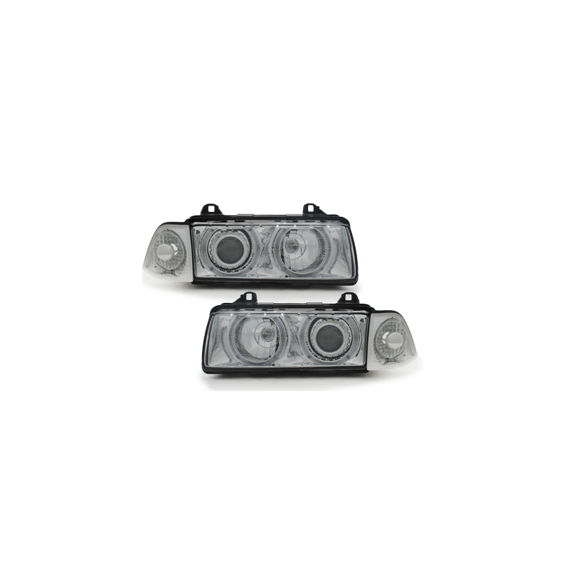 Phares BMW E36 Berline  92-98  avec 2 Anneaux lumineux Angel Eyes  Chrome