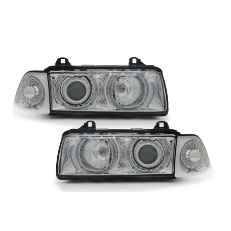 Phares BMW E36 Berline  92-98  avec 2 Anneaux lumineux Angel Eyes  Chrome