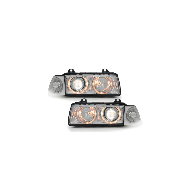 Phares BMW E36 Berline  92-98  avec 2 Anneaux lumineux Angel Eyes  Chrome