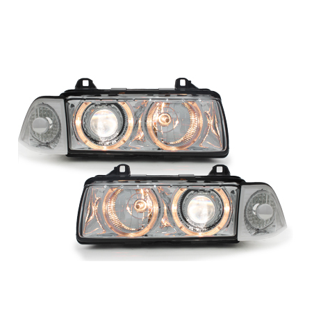 Phares BMW E36 Berline  92-98  avec 2 Anneaux lumineux Angel Eyes  Chrome