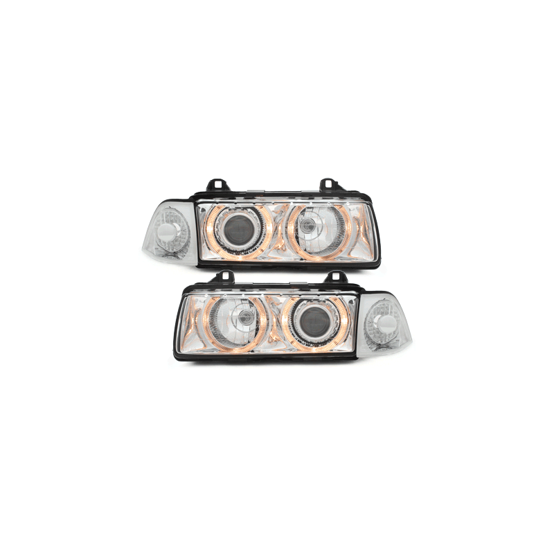 Phares BMW E36 Berline  92-98  avec 2 Anneaux lumineux Angel Eyes  Chrome
