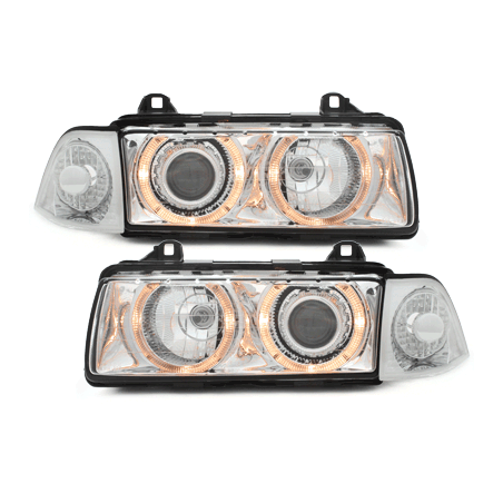 Phares BMW E36 Berline  92-98  avec 2 Anneaux lumineux Angel Eyes  Chrome