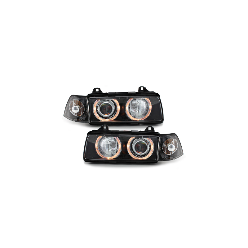 Phares BMW E36 Berline  92-98  avec 2 Anneaux lumineux Angel Eyes  Noir