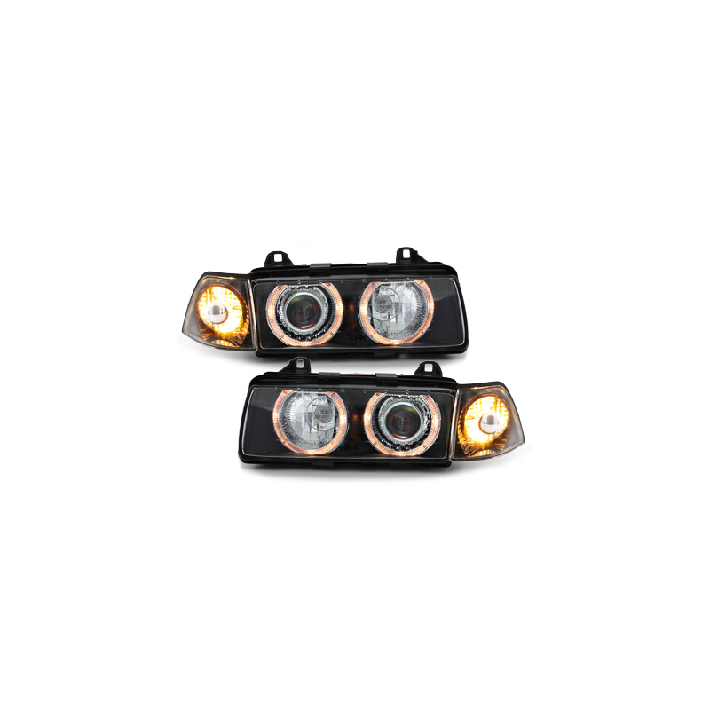 Phares BMW E36 Berline  92-98  avec 2 Anneaux lumineux Angel Eyes  Noir