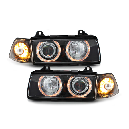 Phares BMW E36 Berline  92-98  avec 2 Anneaux lumineux Angel Eyes  Noir