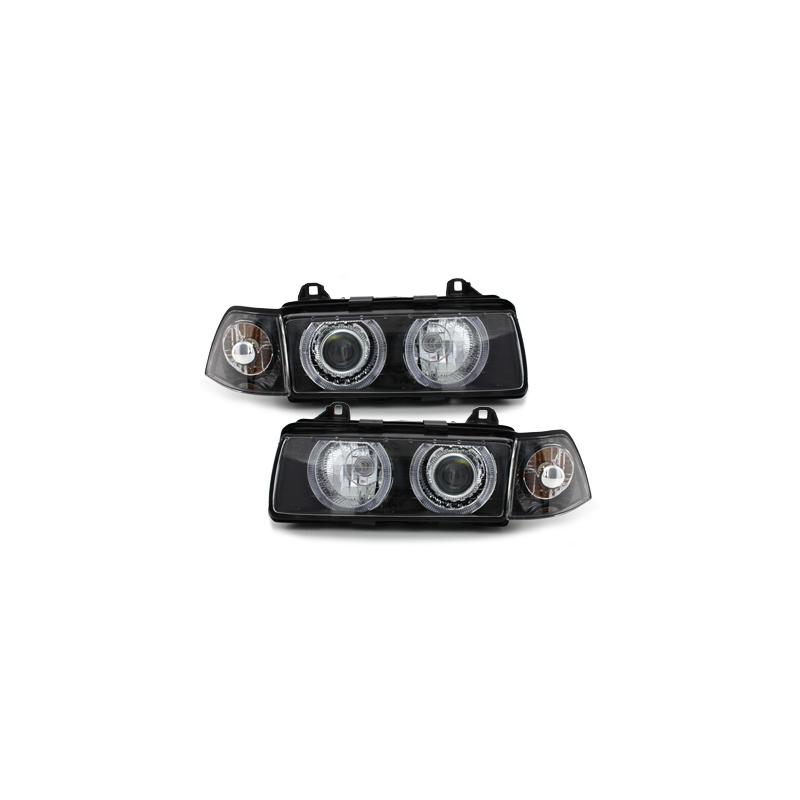 Phares BMW E36 Berline  92-98  avec 2 Anneaux lumineux Angel Eyes  Noir