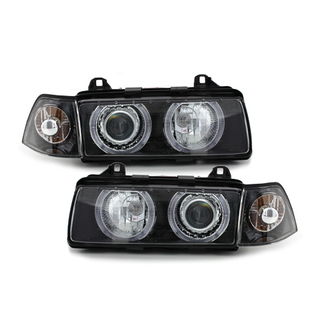 Phares BMW E36 Berline  92-98  avec 2 Anneaux lumineux Angel Eyes  Noir