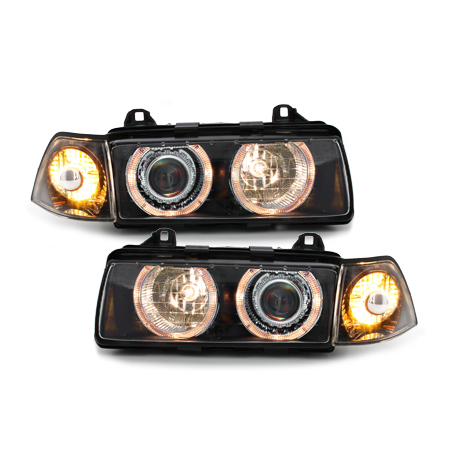 Phares BMW E36 Berline  92-98  avec 2 Anneaux lumineux Angel Eyes  Noir