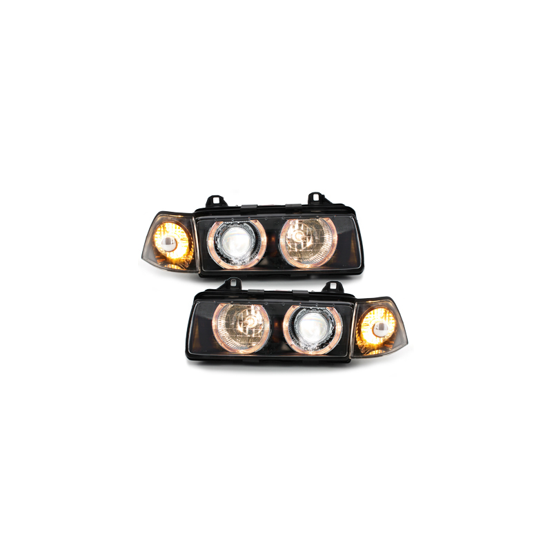 Phares BMW E36 Berline  92-98  avec 2 Anneaux lumineux Angel Eyes  Noir
