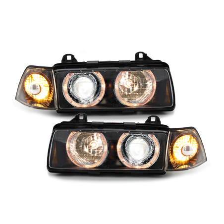 Phares BMW E36 Berline  92-98  avec 2 Anneaux lumineux Angel Eyes  Noir