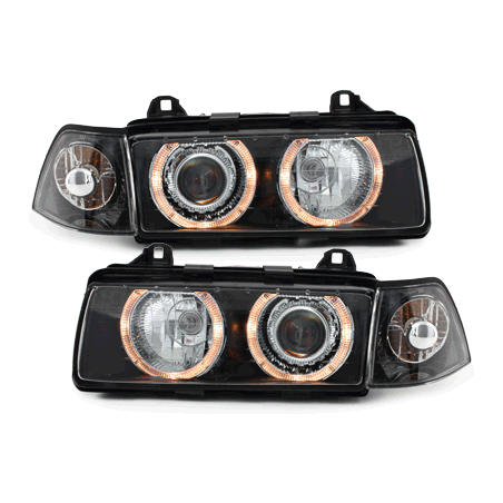 Phares BMW E36 Berline  92-98  avec 2 Anneaux lumineux Angel Eyes  Noir