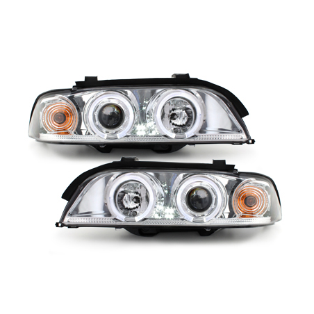 Phares BMW E39 5er 95-00  avec 2 Anneaux lumineux Angel Eyes  Chrome