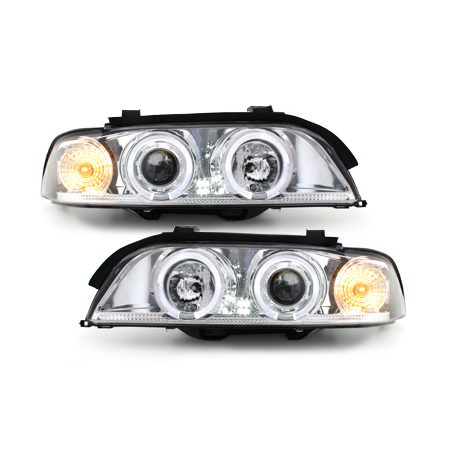 Phares BMW E39 5er 95-00  avec 2 Anneaux lumineux Angel Eyes  Chrome