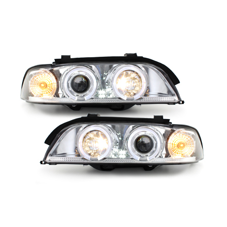 Phares BMW E39 5er 95-00  avec 2 Anneaux lumineux Angel Eyes  Chrome