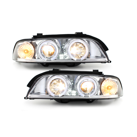 Phares BMW E39 5er 95-00  avec 2 Anneaux lumineux Angel Eyes  Chrome