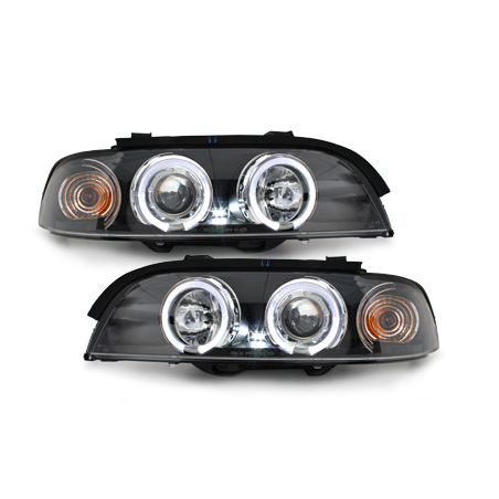 Phares BMW E39 5er 95-00  avec 2 Anneaux lumineux Angel Eyes  Noir