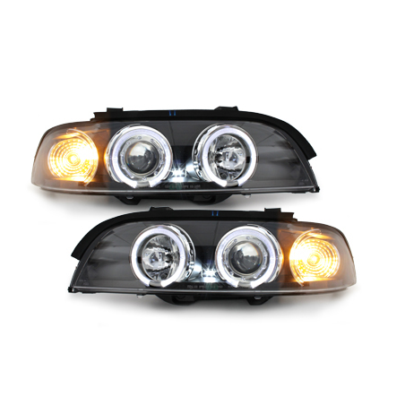 Phares BMW E39 5er 95-00  avec 2 Anneaux lumineux Angel Eyes  Noir