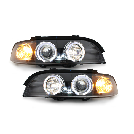 Phares BMW E39 5er 95-00  avec 2 Anneaux lumineux Angel Eyes  Noir