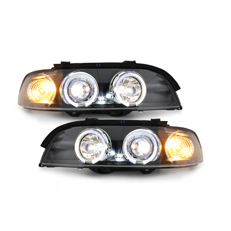 Phares BMW E39 5er 95-00  avec 2 Anneaux lumineux Angel Eyes  Noir