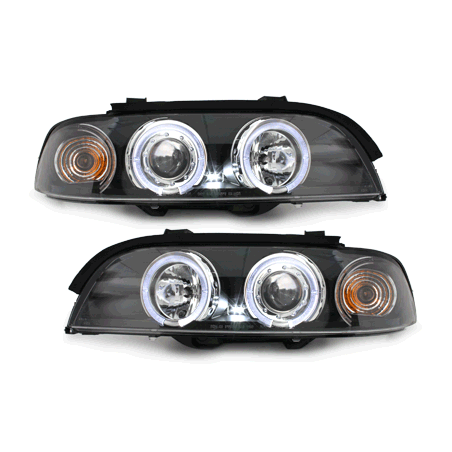 Phares BMW E39 5er 95-00  avec 2 Anneaux lumineux Angel Eyes  Noir