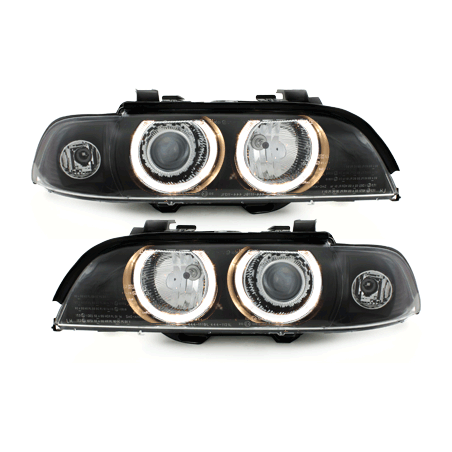 Phares BMW E39 5er 95-00  avec 2 Anneaux lumineux Angel Eyes  Noir