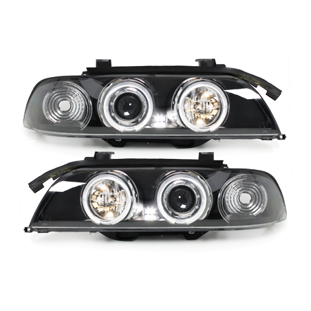 Phares BMW E39 5er 95-00  avec 2 Anneaux lumineux Angel Eyes  Noir