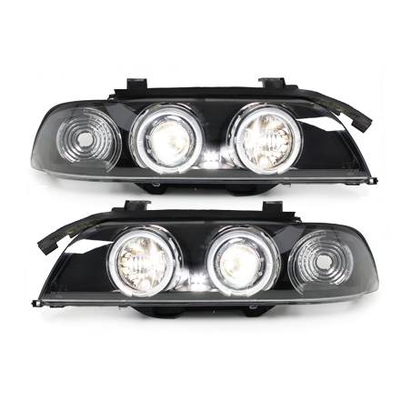 Phares BMW E39 5er 95-00  avec 2 Anneaux lumineux Angel Eyes  Noir