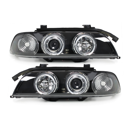 Phares BMW E39 5er 95-00  avec 2 Anneaux lumineux Angel Eyes  Noir