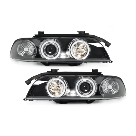 Phares BMW E39 5er 95-00  avec 2 Anneaux lumineux Angel Eyes  Noir