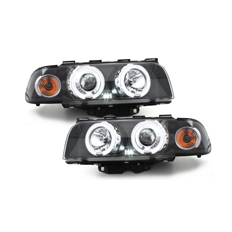 Phares BMW E38 7er 94-98  avec 2 Anneaux lumineux Angel Eyes  Noir