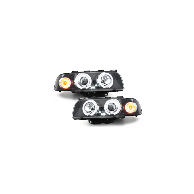 Phares BMW E38 7er 94-98  avec 2 Anneaux lumineux Angel Eyes  Noir