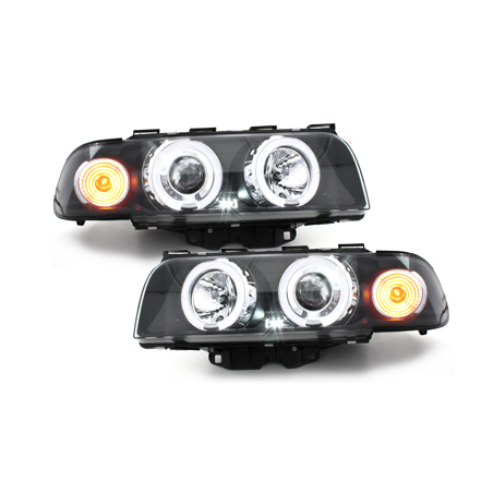 Phares BMW E38 7er 94-98  avec 2 Anneaux lumineux Angel Eyes  Noir