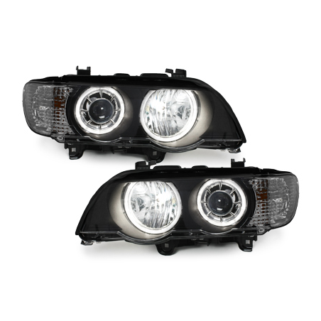 Phares BMW X5 99-04, E53 - 2 LED Angel Eyes-Noir