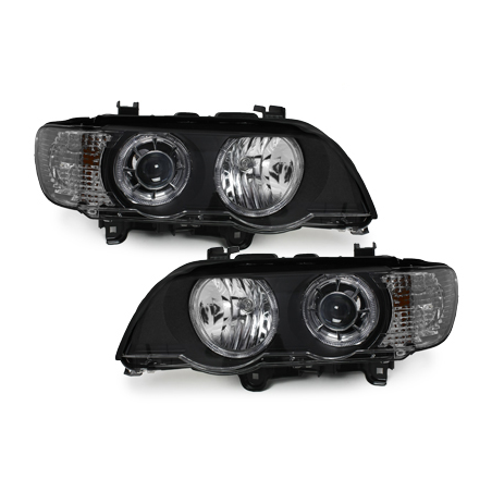 Phares BMW X5 99-04, E53 - 2 LED Angel Eyes-Noir